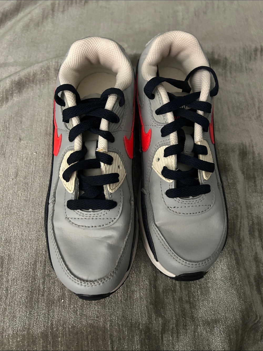 Nike Kids Grey Sneakers with Red Swoosh and Navy Accents